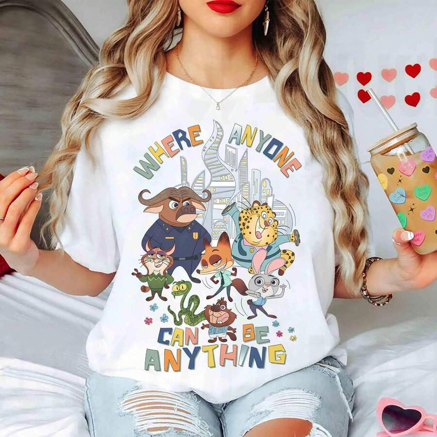Loose Fit Unisex Pure Cotton T-Shirt, Disney Zootopia Tee Featuring Judy Hopps Nick Wilde And Themed Characters With Inspirational Quote Casual - White - View 1