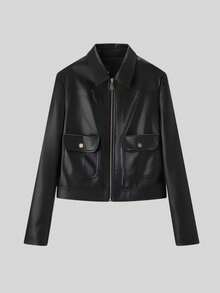 Women's Fashion Square Shoulder Pocket Zipper Jacket, Versatile Black - Black - View 4