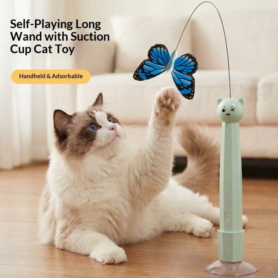 1pc Automatic Swinging Fishing Cat Teaser Toy, ABS+Pom Material More Durable, Handheld+Suction Cup Dual Use, USB Rechargeable Rotating Swinging Cat Toy, Anti-Tangle Self-Entertainment Boredom Reliever - View 1
