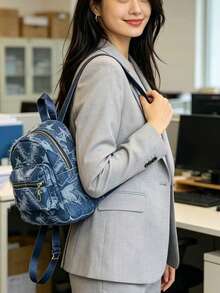 時尚百搭女款迷你後背包，女款迷你牛仔布校園後背包，適合高中與大學生，小旅行單肩包，防水商務通勤後背包，多口袋功能性後背包 - 藍色 - 查看 4