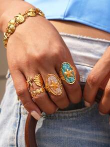 4pcs/2pcs/1pc Ocean Resort Style Women's Jewelry Ring, Blue Crushed Seashell Non-Fading Open Ring, Women's Beach Accessory - Multicolor - View 4