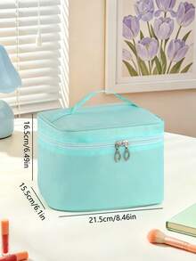 1pc Plain Solid Color Nylon Square Makeup Bag, Fresh Mint Green Large Capacity, Women's Portable Cosmetic Bag Essential For Daily Outings - Mint Blue - View 6