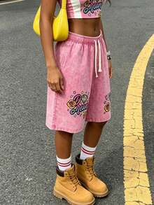 Unisex Dream Vibe Diamond Rose Print Washed Denim Bermuda Shorts, Elastic Drawstring Loose Straight Casual Summer Jorts For Women - 玫瑰紅 - 查看 4