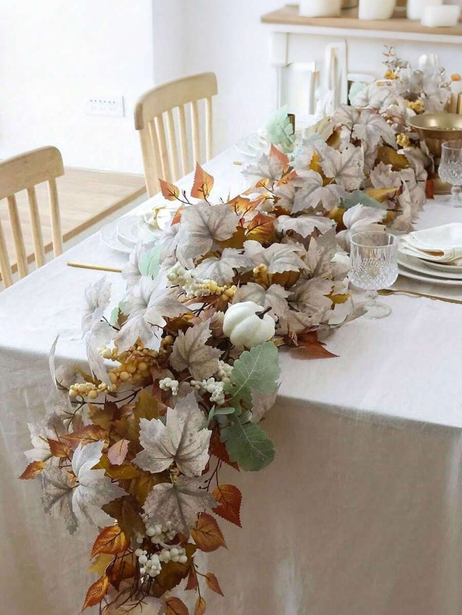 Pumpkin Autumn Maple Leaf Garland,Halloween Artificial Plants, Artificial Maple Leaves & Pumpkins, Outdoor Artificial Flowers, White Holiday Hanging Wreath, Autumn Maple Leaf Vine Decoration For Living Room, Office, Table, Wedding - A - View 1