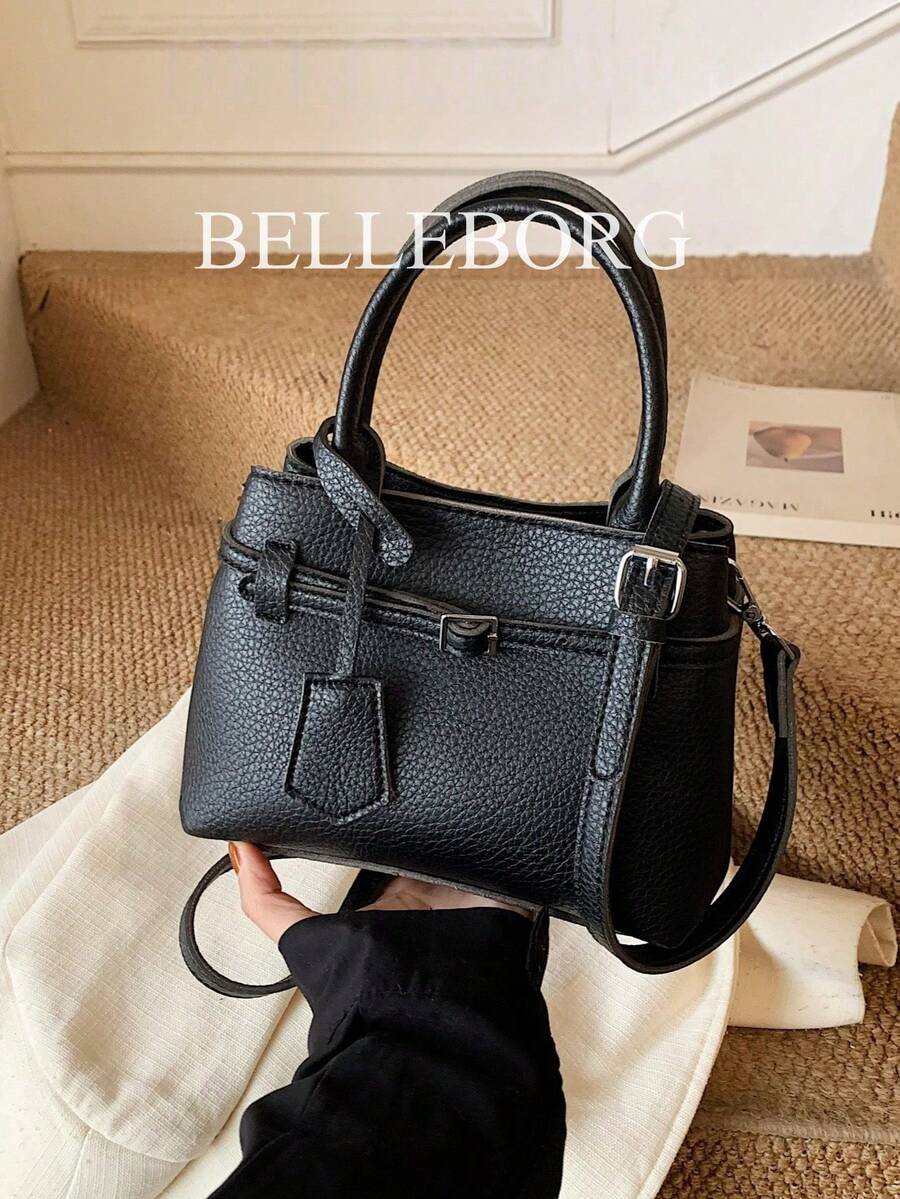 BELLEBORG 高級休閒拼色通勤復古帆布扣環百搭女款小方型手提包 - 黑色 - 查看 1