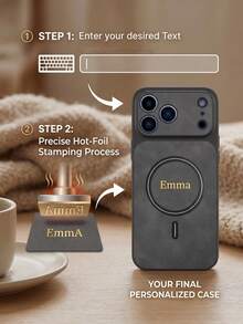 Custom Engraved Initial Magnetic Faux Leather Phone Case, Luxury Large Camera Cutout Shockproof Protective Cover, Personalized Letter Pattern Wireless Charging Phone Case, Compatible With IPhone 18 17 16 15 Pro Max - Dark Grey - View 3