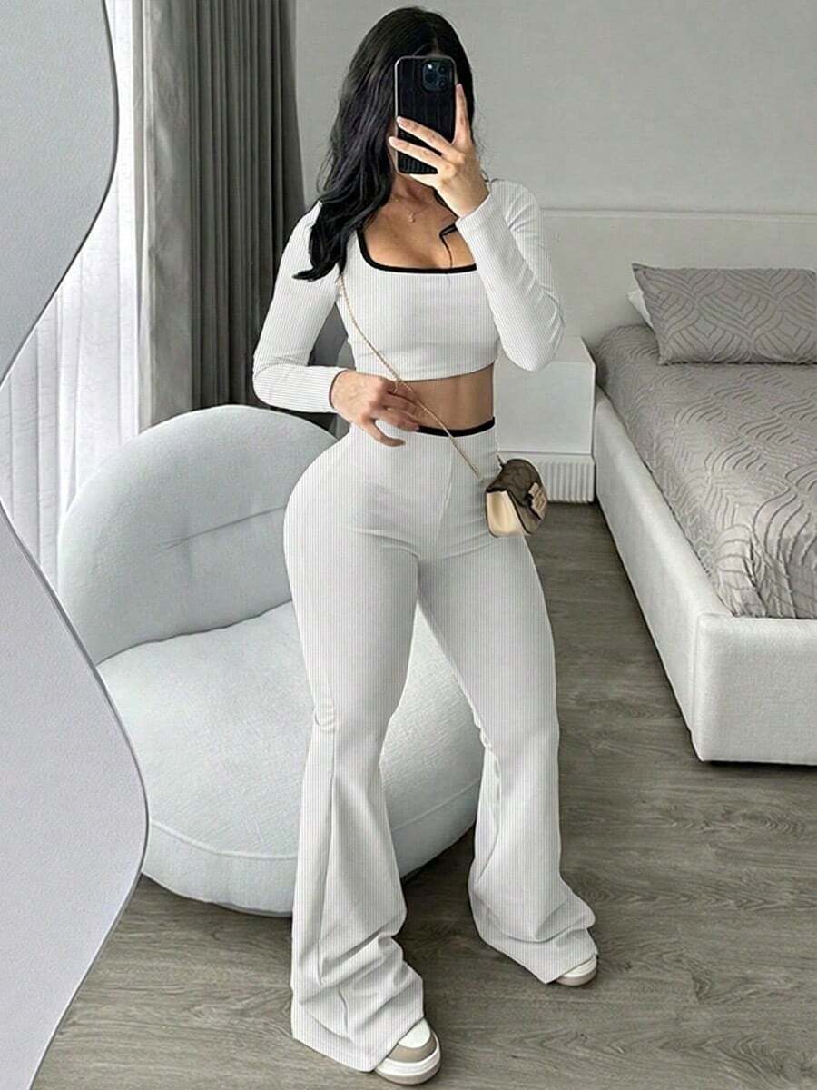 Sexy And Comfortable Elasticated Low-Waisted Flared Pants Set, Perfect For Spring - 白色的 - 查看 1