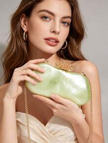 Metallic Hard Shell Evening Clutch Bag With Coral Style Clasp, Detachable Chain Crossbody Purse For Women, Glamorous Handbag For Wedding Prom & Party - Green - View 2