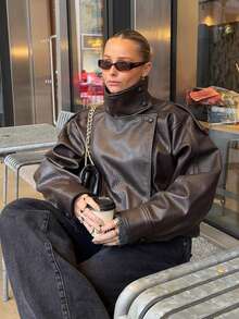 Women's PU Leather Zipper Aviator Jacket, Street Style Outdoor Wear, Faux Leather Black Red Jacket Fall - Mocha Brown - View 2
