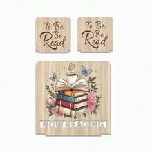Wooden Bookends Coffee Floral Print Desktop Storage Rack Natural Wood Aesthetic Book Stand Compact Home Book Organizer Gift For Book Lovers - Champagne - View 6