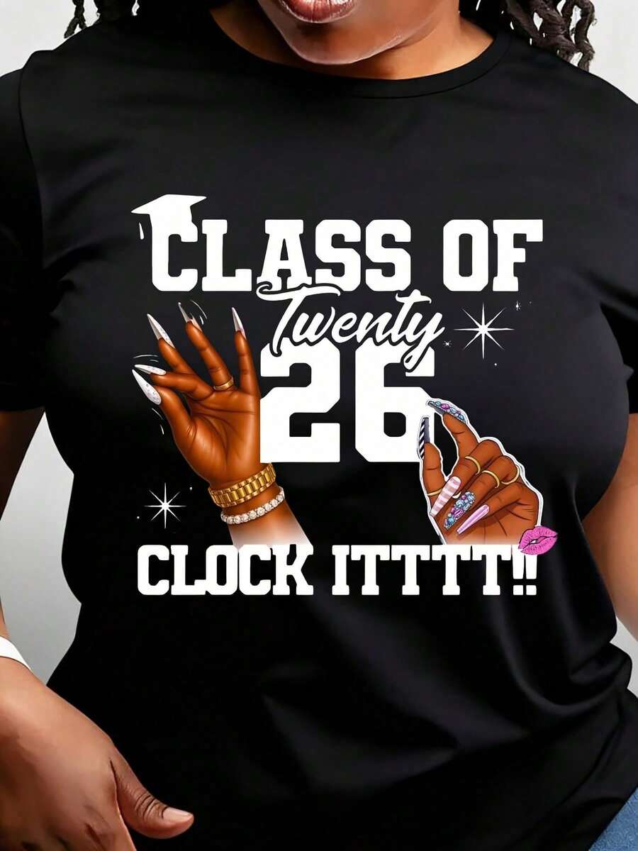 Vintage 2026 T-Shirt With Clock And Sequin Design. Ideal For Everyday Wear And Graduation Parties. - 黑色 - 查看 1