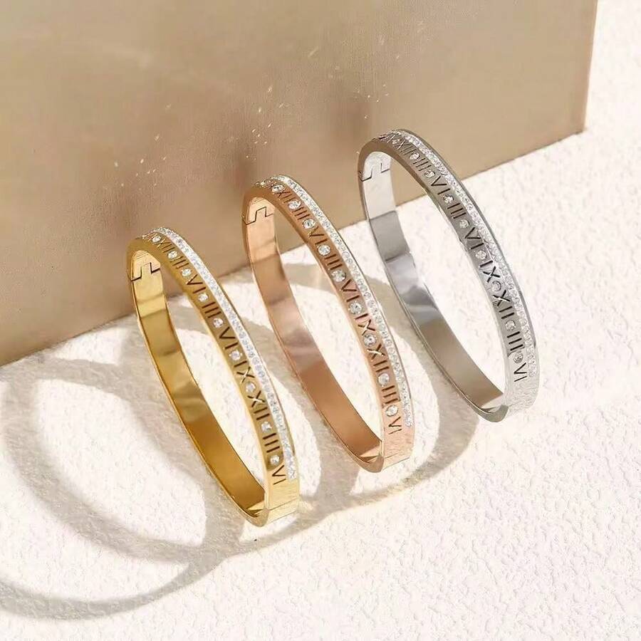 1pc Single Row Full Rhinestone 6mm Roman Letter Bracelet, Stainless Steel Vacuum Plated, Luxury Versatile Open Cuff - Multicolor - View 1