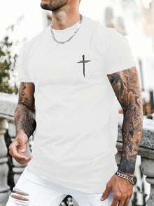 Unisex Fitted T-Shirt, 220g Cotton, Black, Minimalist White Cross Print On Chest, Casual Urban Christian T-Shirt, Mexico - 白色 - 查看 1