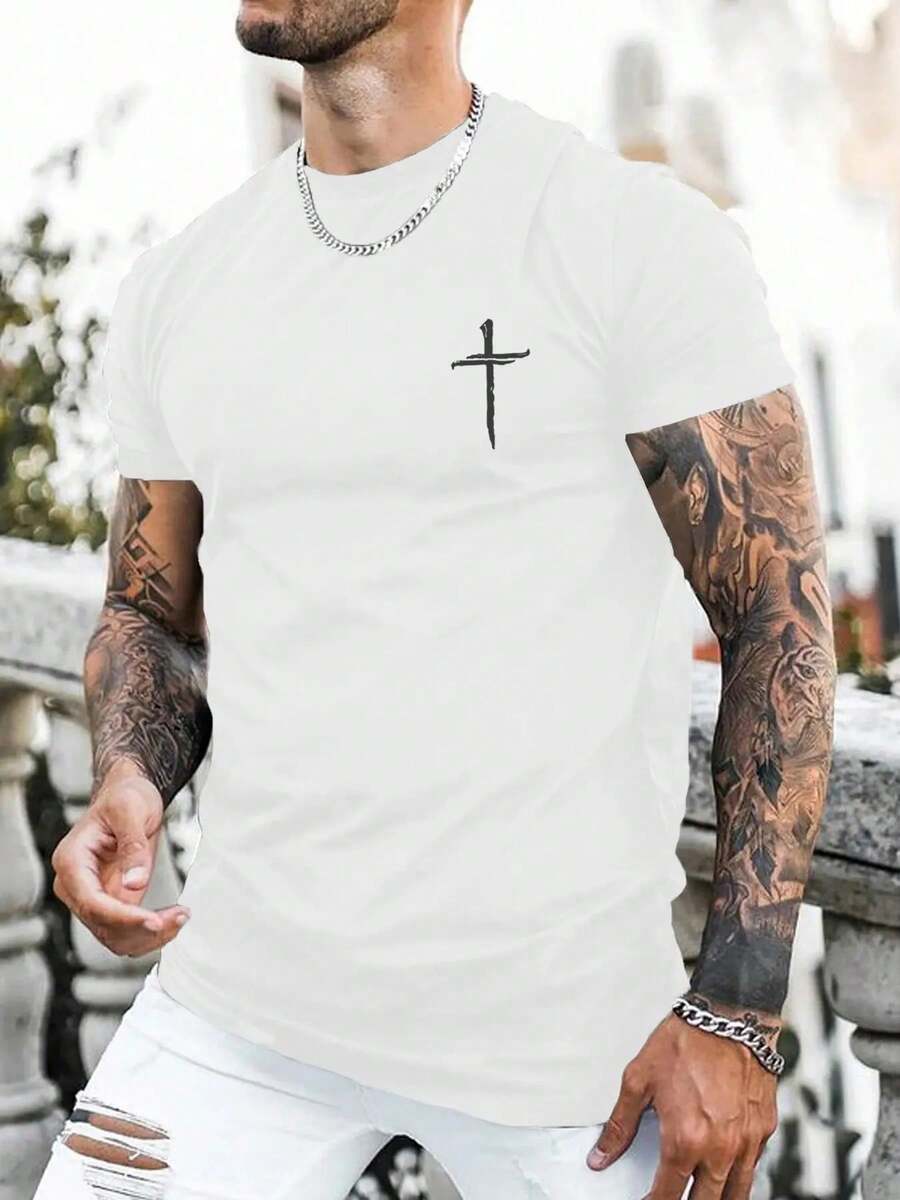 Unisex Fitted T-Shirt, 220g Cotton, Black, Minimalist White Cross Print On Chest, Casual Urban Christian T-Shirt, Mexico - 白色 - 查看 1