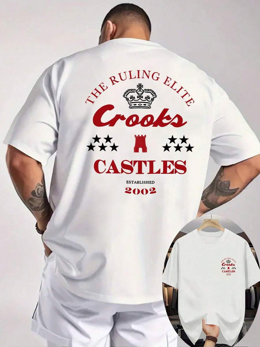 Camisetas, Camiseta estampada RULING ELITE Crooks and Castles para hombre - Camiseta blanca a la moda con diseño de corona roja y fuente cursiva, establecida en 2002. - Blanco - Ver 1