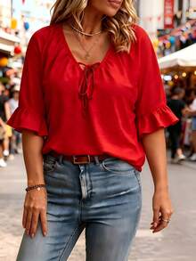 Blusa elegante de unicolor con puños de volantes retorcidos de moda para mujer talla grande, color rojo - Rojo - Ver 4