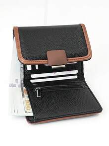 Billetera corta plegable de tres partes con bloques de color para mujer, billetera multifuncional de una pieza de PU suave con gran capacidad de almacenamiento de identificación, compacta y ligera, empaque en caja de regalo adecuado para regalos de vacaciones - Negro - Ver 4