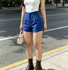 HONGDA VARIEDADES New Women's Tailored Shorts With Zipper On The Left, No Pockets. - 藏蓝色 - 查看 1