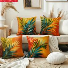 4 Pcs Tropical Palm Leaf Throw Pillow Covers, Suitable For Sofa Bed Chair Decoration, Turquoise Green/Orange/Mustard Yellow And Teal Monstera Pillow Covers, With Zipper Closure, Double-Sided Printed Modern Palm Leaf Pattern Furniture Decoration, Suitable For All Seasons, Pillow Insert Not Included - Multicolor - View 7