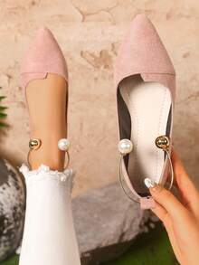 Pink Pointed Toe Flat Shoes, Pearl Metal Decor Mary Jane Flat Shoes - Pink - View 2