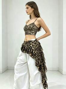 1pc Y2K Leopard Print Ruffle Waist Scarf, Chiffon Asymmetric Layered Hem Cover, Women's Versatile Street Style Waist Scarf - Leopard Print - View 6