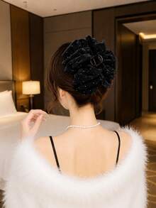 topshiny 1pc Luxury Velvet Ruffle Bow Hair Claw Clip,Sparkling Rhinestone Hair Clip,Elegant French Style Hair Accessory For Women - Burgundy - View 12