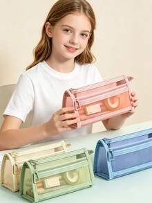 4/1pc Set Morandi Plaid Mesh Pencil Case With Handle And Zipper, Transparent Double Layer Pencil Bag, Travel Makeup Bag, Cute Transparent Stationery Storage Bag, Suitable For Adults, Office, University - Multicolor - View 2