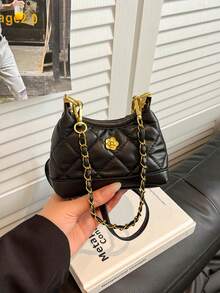 French Vintage Quilted Small Bag Women's Camellia Decor Chain Bag Versatile Commute Underarm Crossbody Bag - Black - View 2