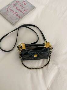 French Vintage Quilted Small Bag Women's Camellia Decor Chain Bag Versatile Commute Underarm Crossbody Bag - Black - View 5