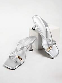 5cm New Colorblock Minimalist Toe-Post Wedge Sandals Women 2025 Summer Open-Toe High Heels - Silver - View 7