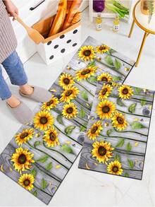 1pc Wood Grain Sunflower Kitchen Rug And Floor Mat, Sunflower Kitchen Mat And Gray Wood Grain Floor Carpet, Can Be Placed In Front Of The Sink, Used For Standing Kitchen Decor - Multicolor - View 2