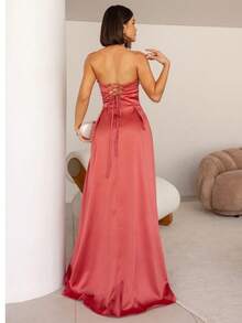 Elegant Women's Party Dress, Strapless, A-Line Cut, With A Fitted Draped Waist And Thigh Slit, Perfect For Parties Or Bridesmaid Events. - 珊瑚橙 - 查看 3