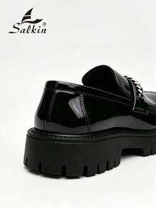 Salkin 男士復古設計師樂福鞋套腳式鏈條裝飾，黑色漆皮亮面圓頭男士皮鞋，優雅紳士商務休閒社交鞋，男士日常辦公派對婚禮風格新郎鞋，適合情侶約會浪漫晚餐節日禮物返校學生鞋，學院風四季適用，請選擇大一號 - 黑色 - 查看 4