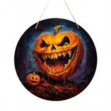 復古鄉村風圓形木製萬聖節吊掛裝飾牌，女巫帽與南瓜設計，Happy Halloween 居家、派對、門口牆面裝飾 - A - 查看 10