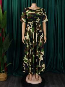 Soleil Women's 2026 New Style Elegant Lace-Up Plus Size Short Sleeve Flared Dress - 軍綠色 - 查看 2