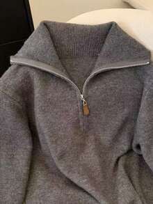 Women's Vintage Embroidered Zip-Up Mock Neck Sweater, Casual & Warm For Autumn/Winter Fall - Grey - View 3