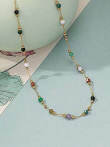 1 pieza Collar para mujer, collar hecho a mano con cuentas de piedra de color mixto, accesorio de capas diario, adecuado para regalo (color y cantidad de cuentas aleatorios) - Multicolor - Ver 2
