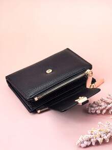 Dompet Pendek Wanita Baru dengan Gesper, Dompet Koin dan Kartu dengan Resleting Ganda PU Lembut yang Indah, Minimalis, Modis, dan Ringan - Hitam - View 2
