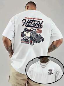 American Vintage Hotrod Car Print T-Shirt, Loose Fit, Short Sleeves, 100%, 220G, Round Neck T-Shirt, Summer Short Sleeve Top - White - View 1