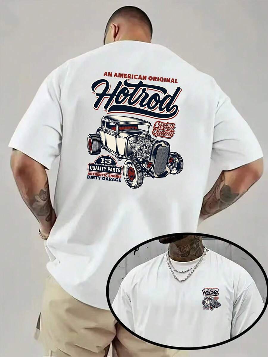 American Vintage Hotrod Car Print T-Shirt, Loose Fit, Short Sleeves, 100%, 220G, Round Neck T-Shirt, Summer Short Sleeve Top - White - View 1
