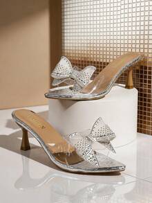 Women's Summer Silver Lace Rhinestone Bow Pointed Toe Low Heel Mule Sandals, Transparent Strap Slip-On, Elegant And Fashionable - Silver - View 6