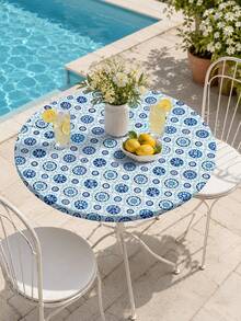 1 pieza-Cubierta de mesa elástica ajustada redonda con estampado de azulejos de porcelana azul, mantel de poliéster elástico con borde elástico, cubierta de mesa lavable de ajuste ceñido para cocina, patio, jardín, comedor, piscina, picnic, uso interior y exterior - Multicolor - Ver 3
