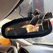 1pc Solid Color Plush Car Rearview Mirror Cover, DIY Car Interior Decoration Protective Sleeve With Bow - A - View 9