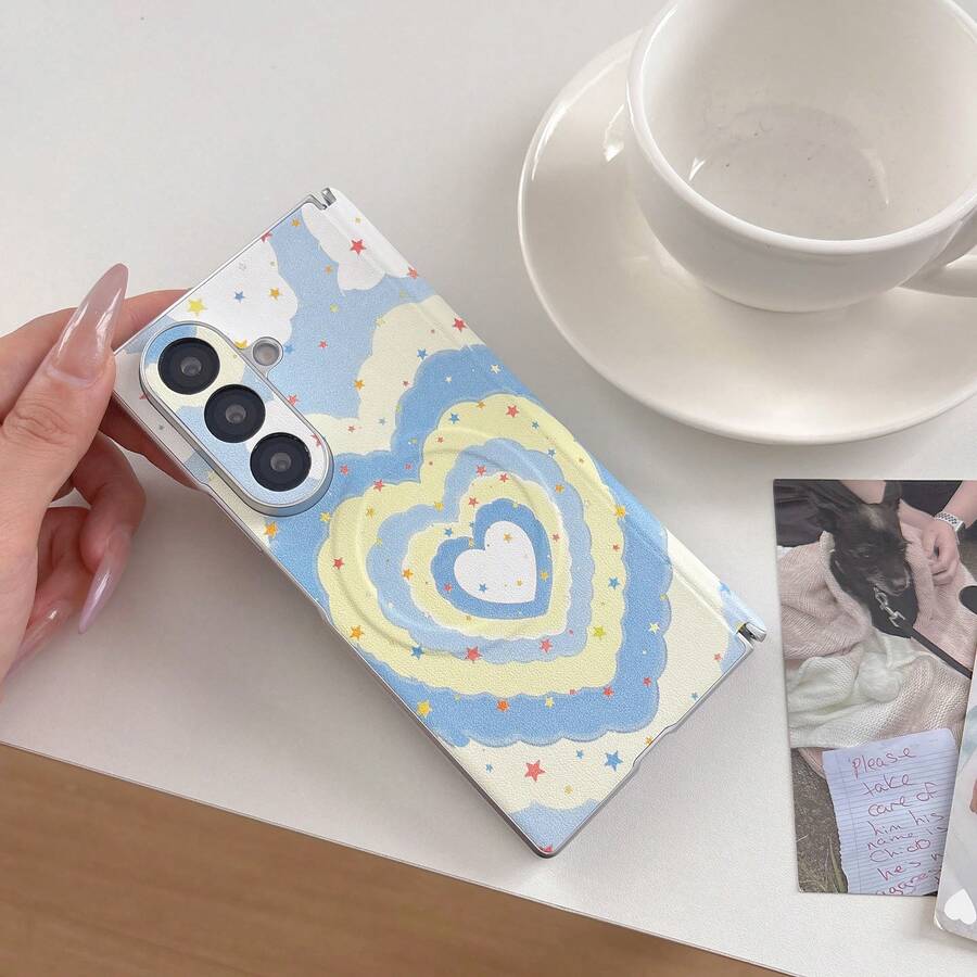1pc Dual Axis Leather Texture Magnetic Wave Heart Popular Shockproof Anti-Slip Smart Phone Case Foldable Phone Case Compatible With Samsung Full Coverage Anti-Drop Protective Case For Samsung GalaxyZFOID7 GalaxyZFOID6 GalaxyZFOID5 GalaxyZFOID4