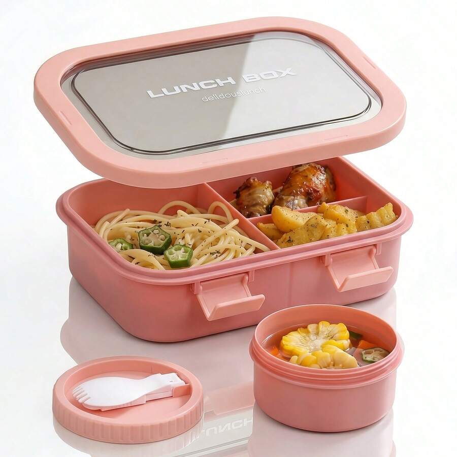 1pc Pink Lunch Box With Utensils, Bento Box With Spoon And Fork, Microwave , Insulated Lunch Bag, With Soup Cup, 3-Compartment Food Storage Container Set, Snacks, Lunch, Portable Travel Set - View 1