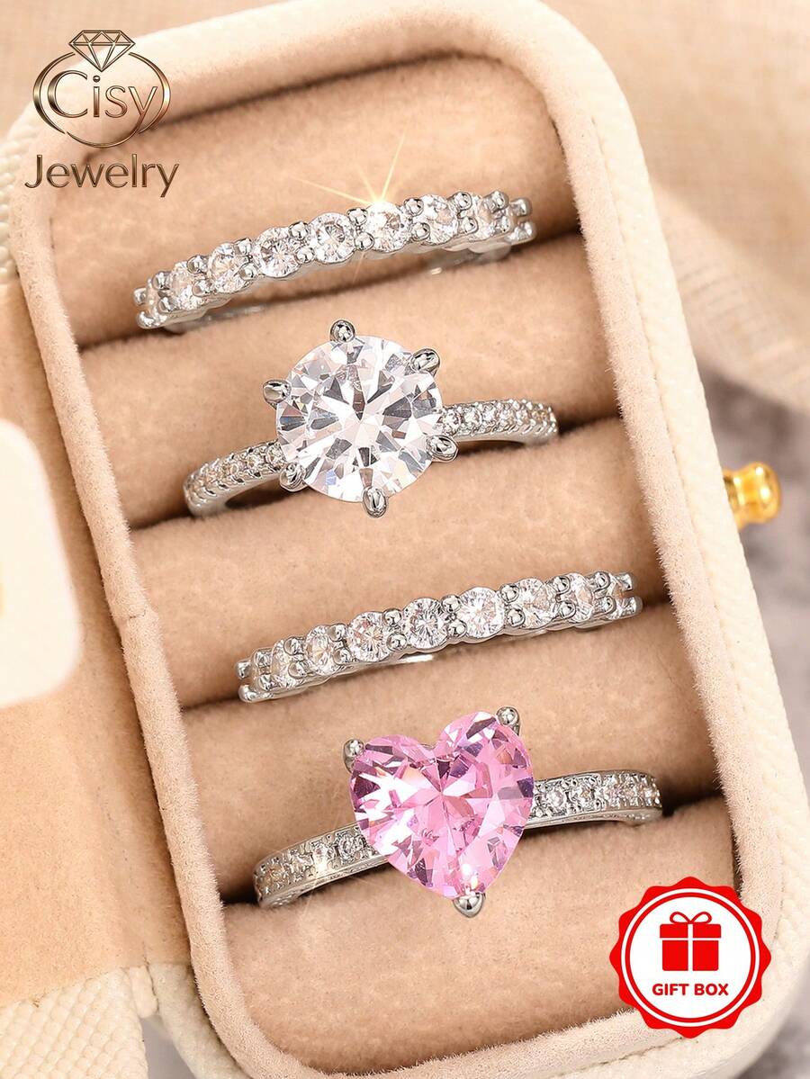 4枚立方氧化锆戒指套装,附赠礼盒,适合女性佩戴,可用于婚礼、订婚、周年纪念派对、情人节等场合。 - 1# - 查看 1