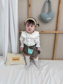 2pcs Baby Girls' Outfit Set, Jacquard Collar Blouse Shirt + Floral Double Layer Pants, Spring/Autumn - Multicolor - View 3