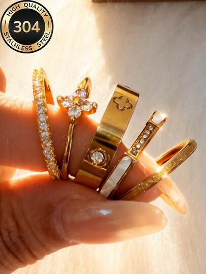 2026 New 1 Set Stainless Steel 18K Gold Plated Stackable Ring Set, Women's Style, Clover, White Decor And Full Circle Diamond Personalized Rings, Hypoallergenic Minimalist Jewelry, Perfect Mother's Day Gift, Party Vacation Daily Wear Accessory, One Set Solves Accessory Anxiety