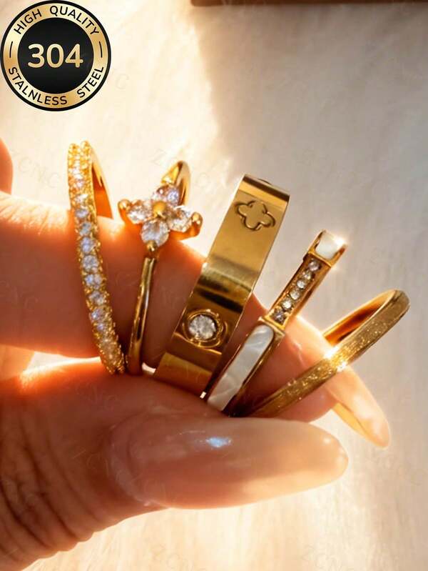 2026 New 1 Set Stainless Steel 18K Gold Plated Stackable Ring Set, Women's Style, Clover, White Decor And Full Circle Diamond Personalized Rings, Hypoallergenic Minimalist Jewelry, Perfect Mother's Day Gift, Party Vacation Daily Wear Accessory, One Set Solves Accessory Anxiety