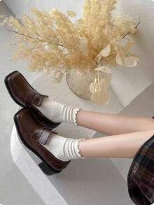 3/6 Pairs Japanese Sweet Minimalist British Academy Style Maillard Color Frill Trimmed Ruffle Lace Mid-Calf Socks - Multicolor - View 8